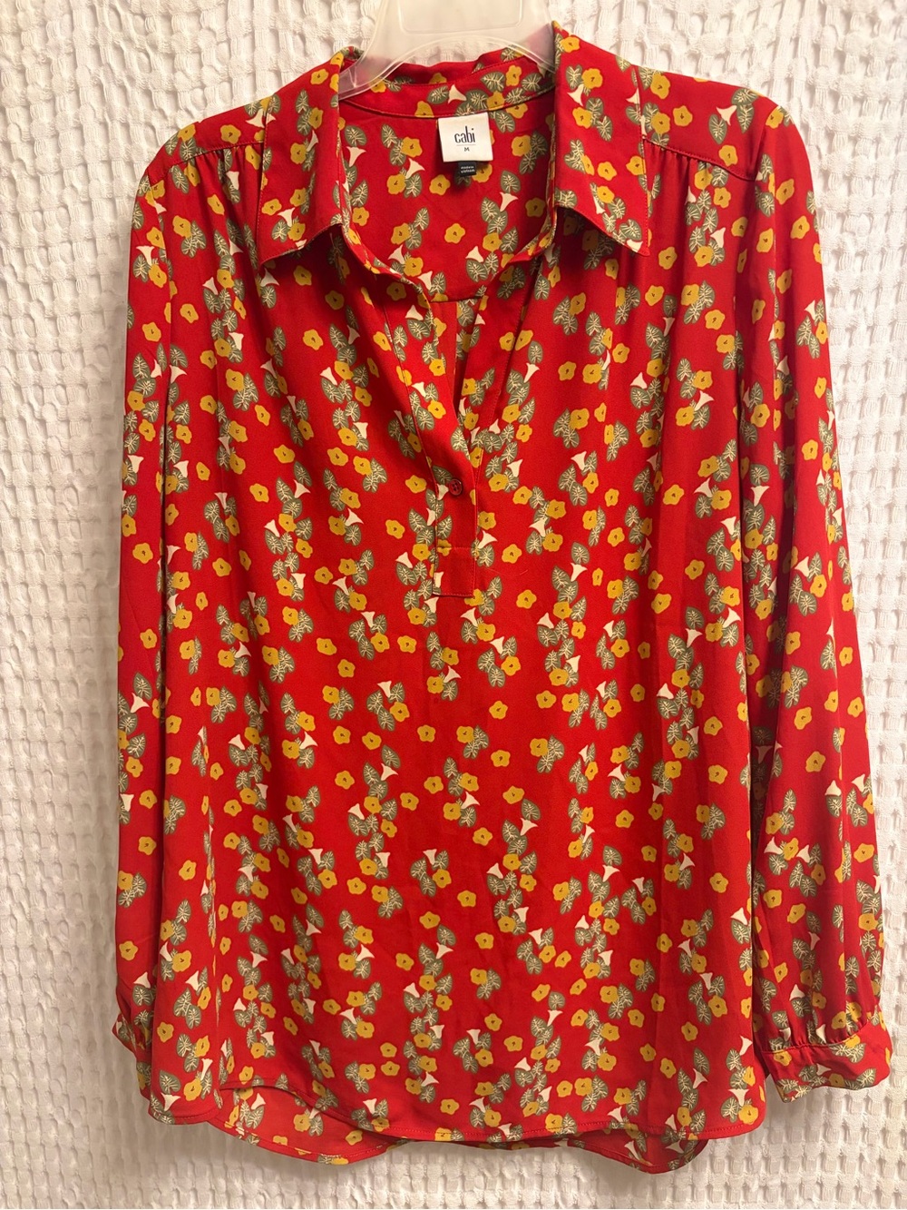 CAbi Red Button-Front Floral Shirt with Yellow Flowers